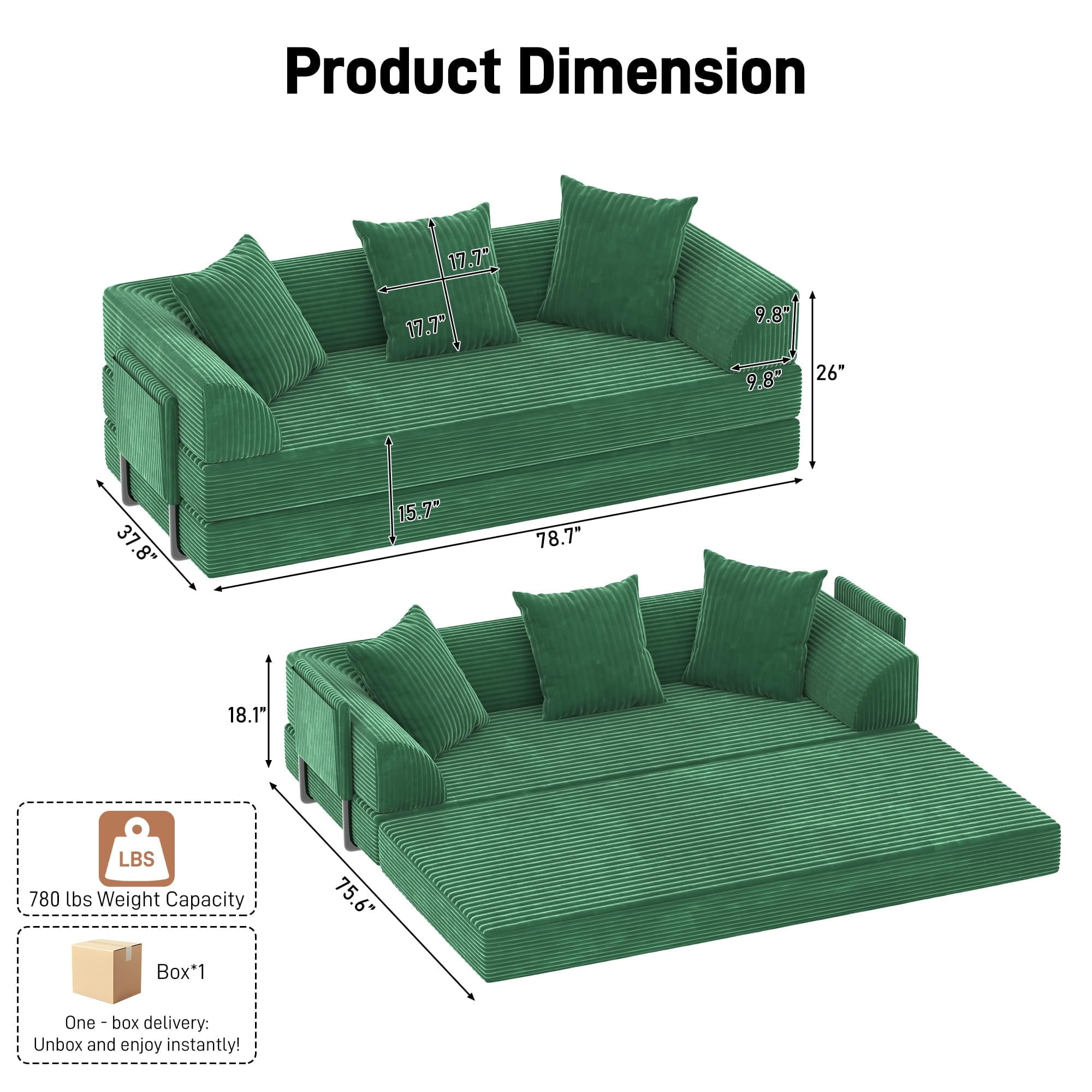 Blotout 5-in-1 Folding Convertible Sofa Bed with 3 Pillows, 79" Large Corduroy Boneless Couch with Armrest Pockets, Lounge Loveseat Sleeper with Pull Out Bed for Living Room Bedroom, Green