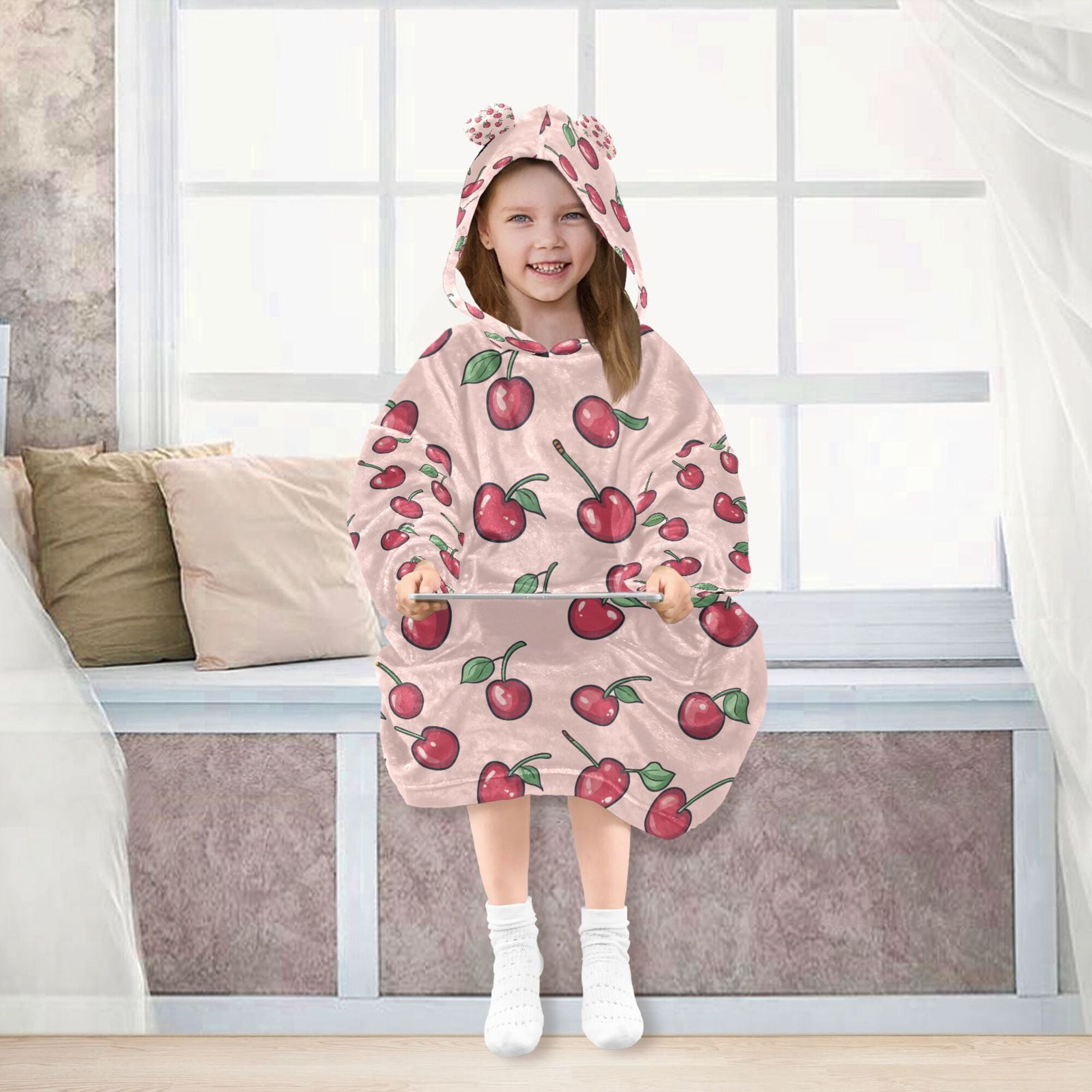 FORMRS Wearable Blanket Hoodie with Sleeves for Kids Cozy Flannel Sweatshirt, Cherries Pattern