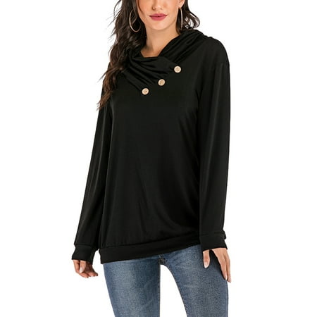 DODOING Soft Long Sleeve Solid Blouse Buttons Casual Tops Turtleneck Black/Purple for Women