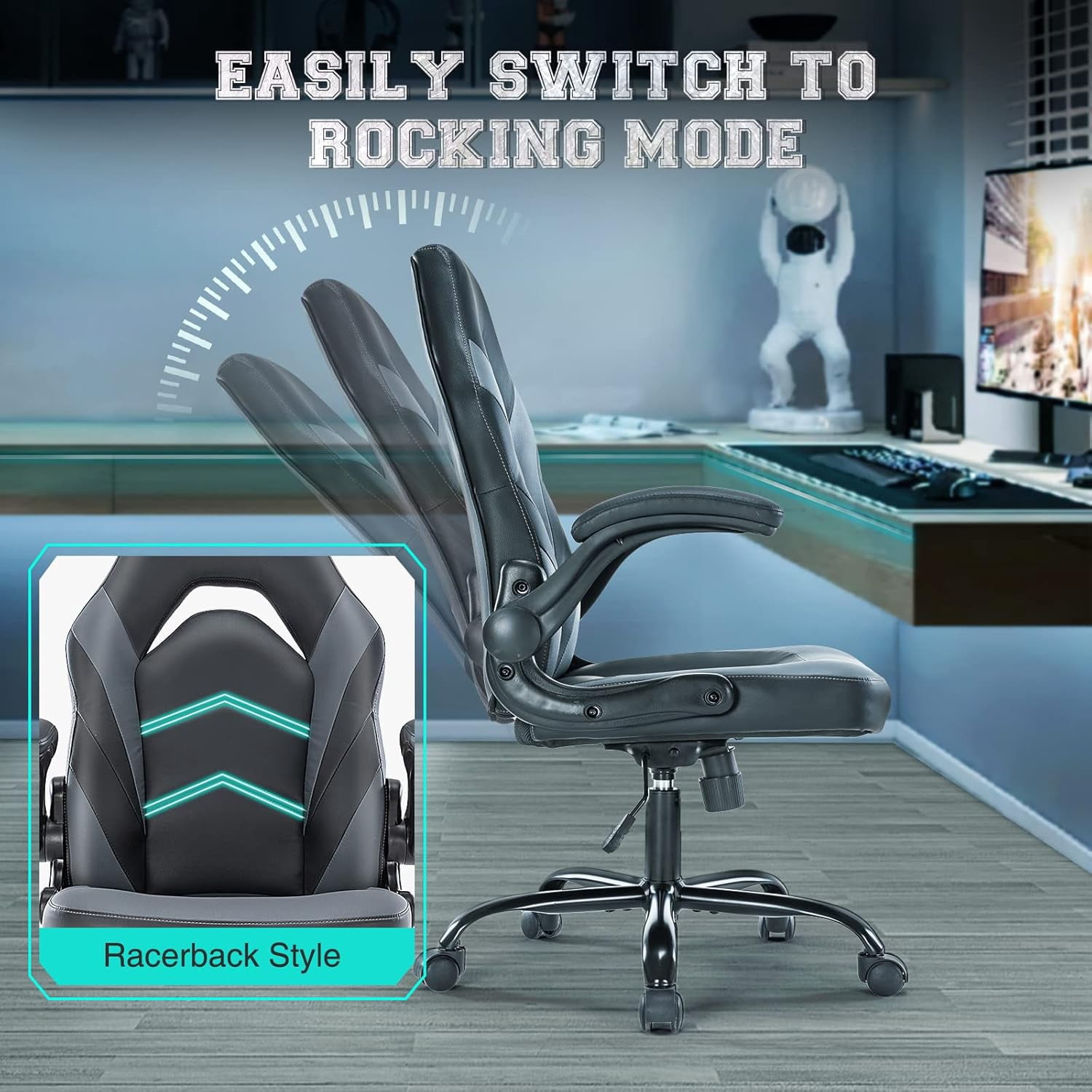 CONCETTA Gaming Desk Chair, Ergonomic PU Leather Office Task Chairs for Adults, Height Adjustable for Home Office Study Room Student,Gray