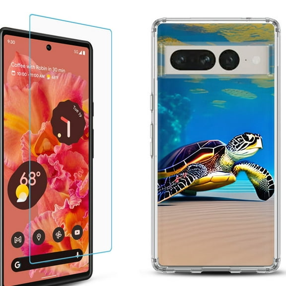 Shockproof Bumper Phone Case for Google Pixel 7, with Tempered Glass Screen Protector, by OneToughShield ® - Sea Turtle Beach