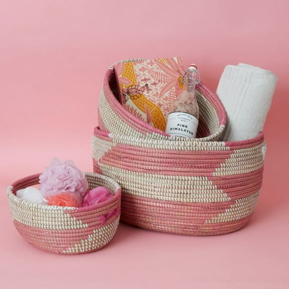 Decorative Wicker Bin, Shelf Basket, Throw Basket, Toy Storage, African Woven, Pink, Set of 3