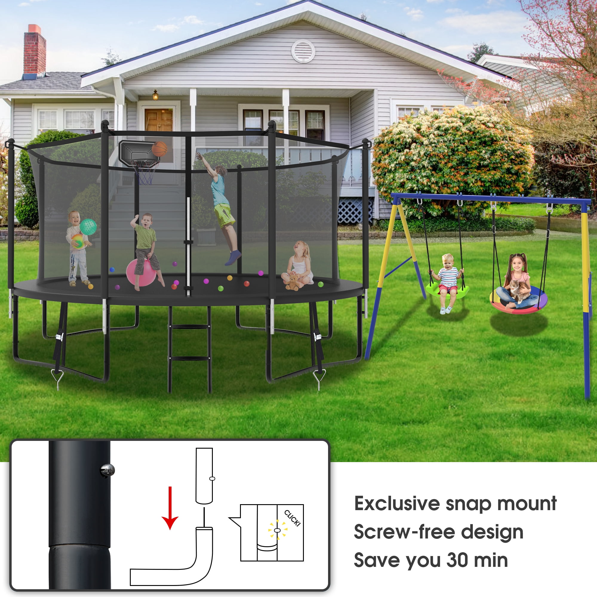 YORIN Trampoline, 1200LBS 12FT Trampoline for 4-5 Adults/ Kids, with Enclosure Net, Metal Swing, Basketball Hoop, Ladder, Galvanized Outdoor Anti-Rust Heavy Duty Round Recreational Trampoline