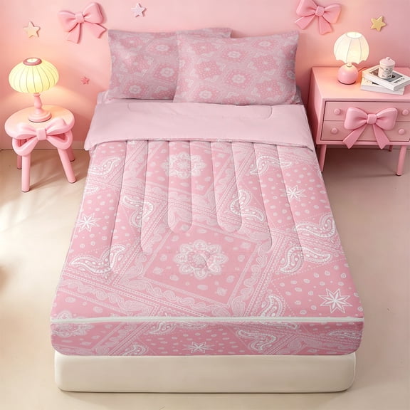 Erosebridal Pink Paisley Bandana Zipper Twin Comforter Sets with Fitted Sheet and 2 Pillowcases,White Floral Motif Zipper Bedding Set,Pink Reversible,4 Pieces