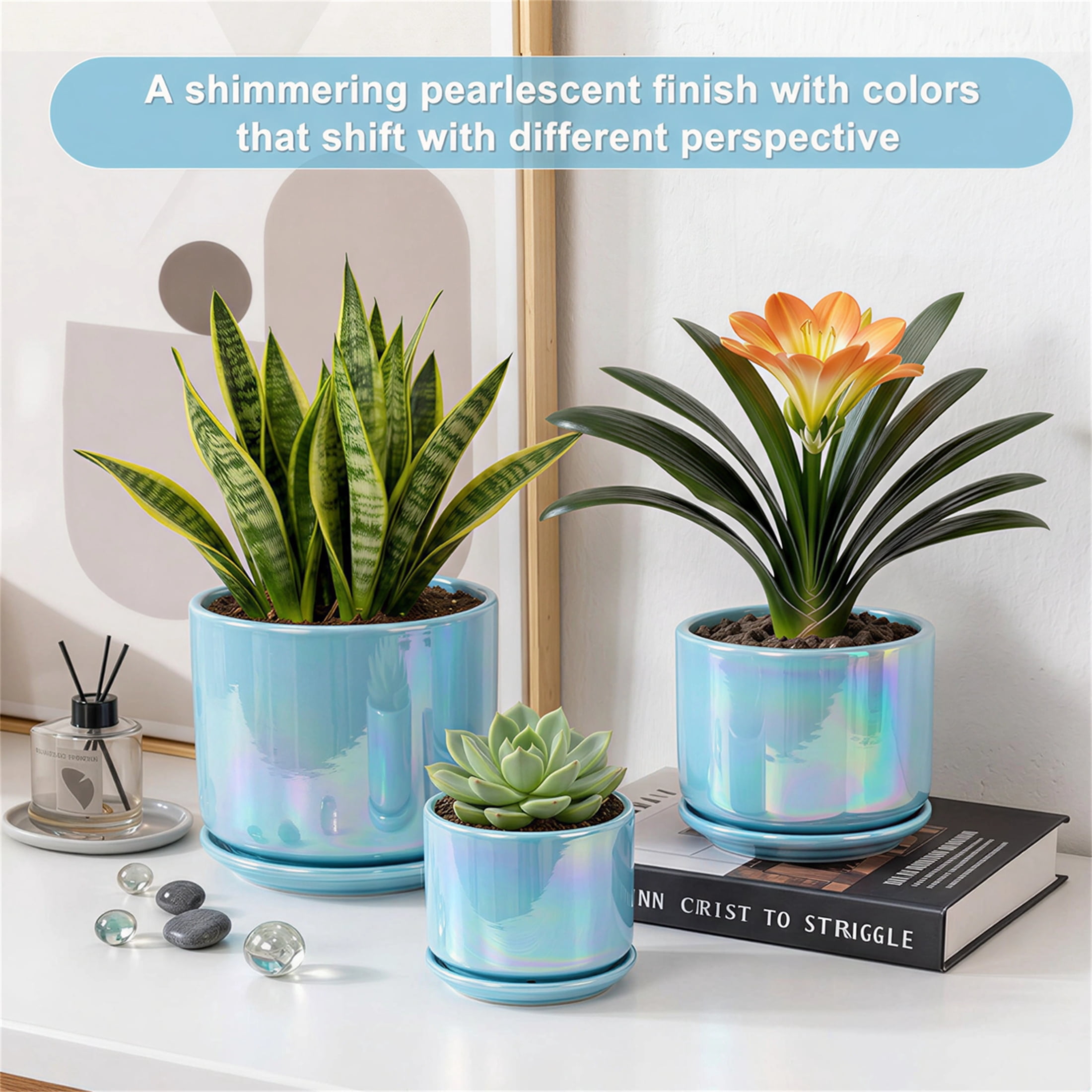 BUYMAX  Plant Pots, 4+5+6 Inch Pots for Indoor Plants,Ceramic Planter Pot with Drainage Hole,Flower Pots for Succulent Cactus,Set of 3 - Rainbow Pearl Glaze Blue