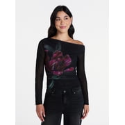 Madden NYC Womens Asymmetrical Mesh Top with Long Sleeves, Sizes XXS-XXL