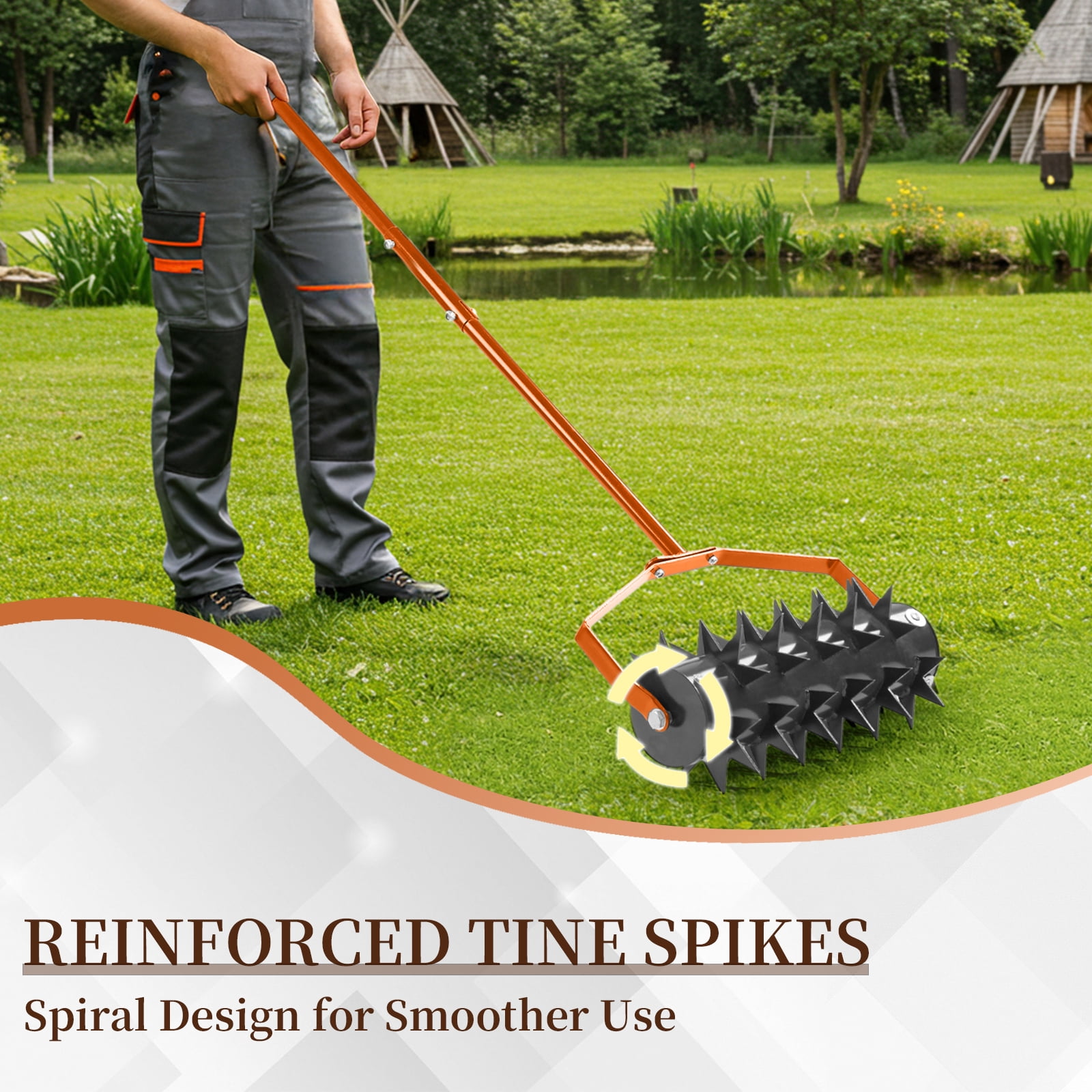 Zimtown 18" Heavy Duty Lawn Aerator, Fillable Drum & Double Spikes, Rubber Handle for Small Yards, Black Orange