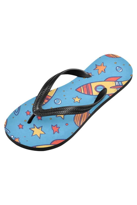 Unisex Flip Flops for Men Women Non-Slip Comfortable Lightweight Beach Thong Sandals, Cartoon Rockets Plants Stars