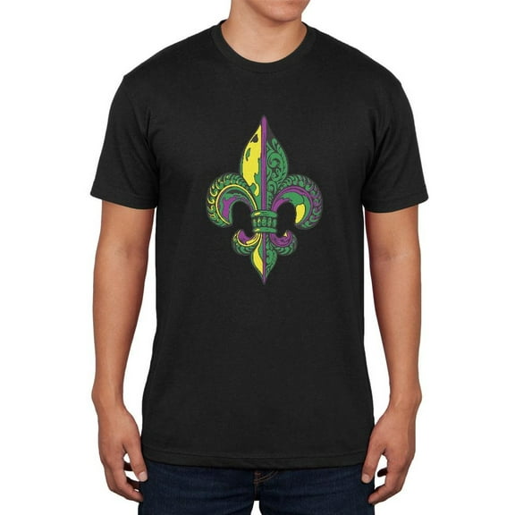 Mardi Gras Ornate Colorful Fleur-de-Lis Black Soft Adult T-Shirt - Small