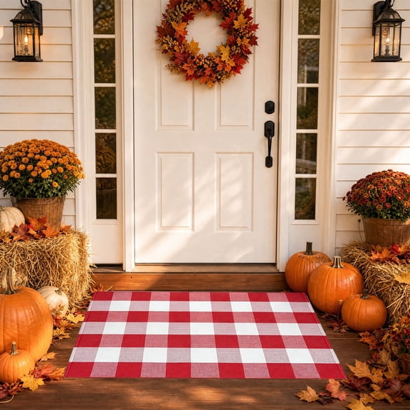Orange and Black Plaid Rug, 32'' x 20'' Fall Outdoor Front Door Decor Mat, Cotton Washable Hand-Woven Rug for Layered Doormat, Autumn Halloween Thanksgiving Carpet for Porch, Entryway