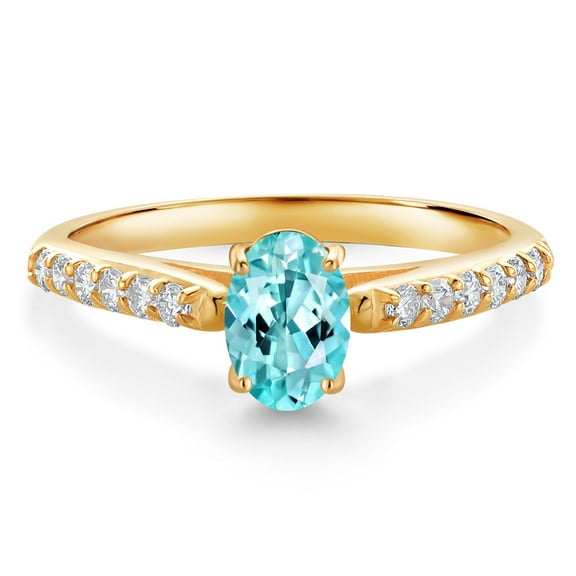 Gem Stone King 10K Yellow Gold Blue Apatite and White Lab Grown Diamond Engagement Ring for Women (1.00 Cttw, Oval 7X5MM, Gemstone Birthstone, Size 8)