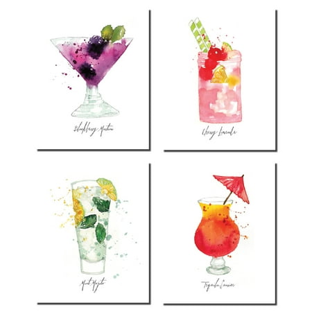 - Fun, Colorful Watercolor Style Blackberry Martini, Cherry Limeade, Mint Mojito, Tequila Sunrise; Four 8x10in Poster Prints