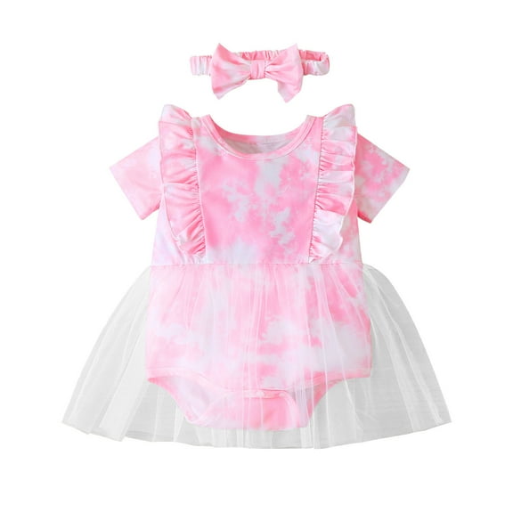 Odeerbi Baby Boy Girl Clothes Baby Romper Infant Short Sleeve Rainbow Tie-Dyed Tulle Bodysuit Headbands