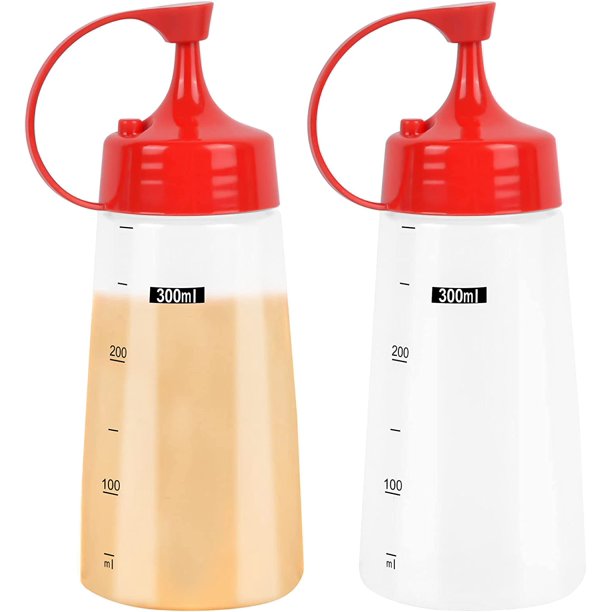 2 Pack Condiment Squeeze Bottles, 300ml Sauce Bottles with Lids, Clear