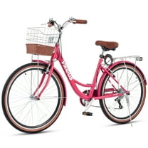 Viribus 26" Women's Cruiser Bike for Adults, 7-Speed Beach & City Bicycle with Basket Rack, Rose Red