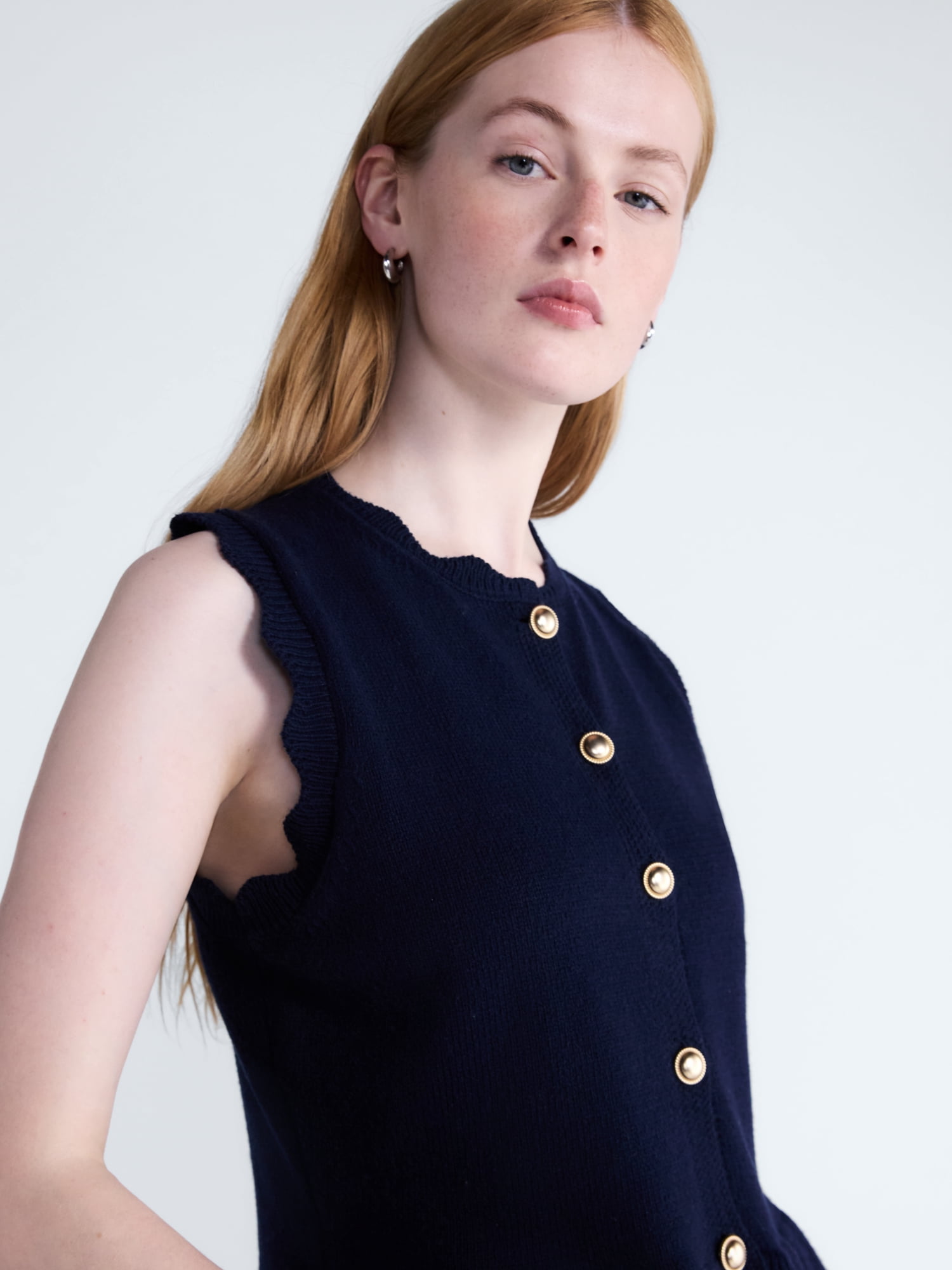 Free Assembly Women's Scalloped Trim Peplum Hem Sweater Vest, Lightweight, Sizes XS-XXL