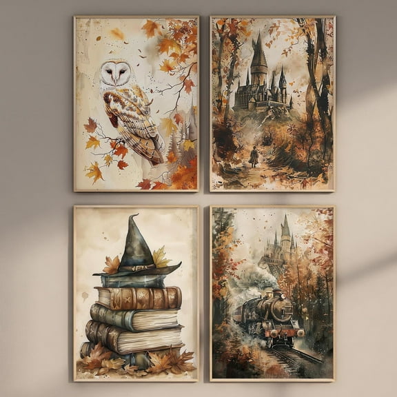 UNFFRAMED Luvia Enchanted Autumn Wall Art Set Of 4, Wizard Magic School Fantasy Posters for Cozy Fall Nursery Decor Set 4 Prints 8x12