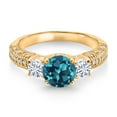 thumbnail image 2 of Gem Stone King 18K Yellow Gold Plated Silver London Blue Topaz and White Moissanite Engagement Ring for Women (2.24 Cttw, Gemstone November Birthstone, Round 7MM and 4MM, Size 9), 2 of 3