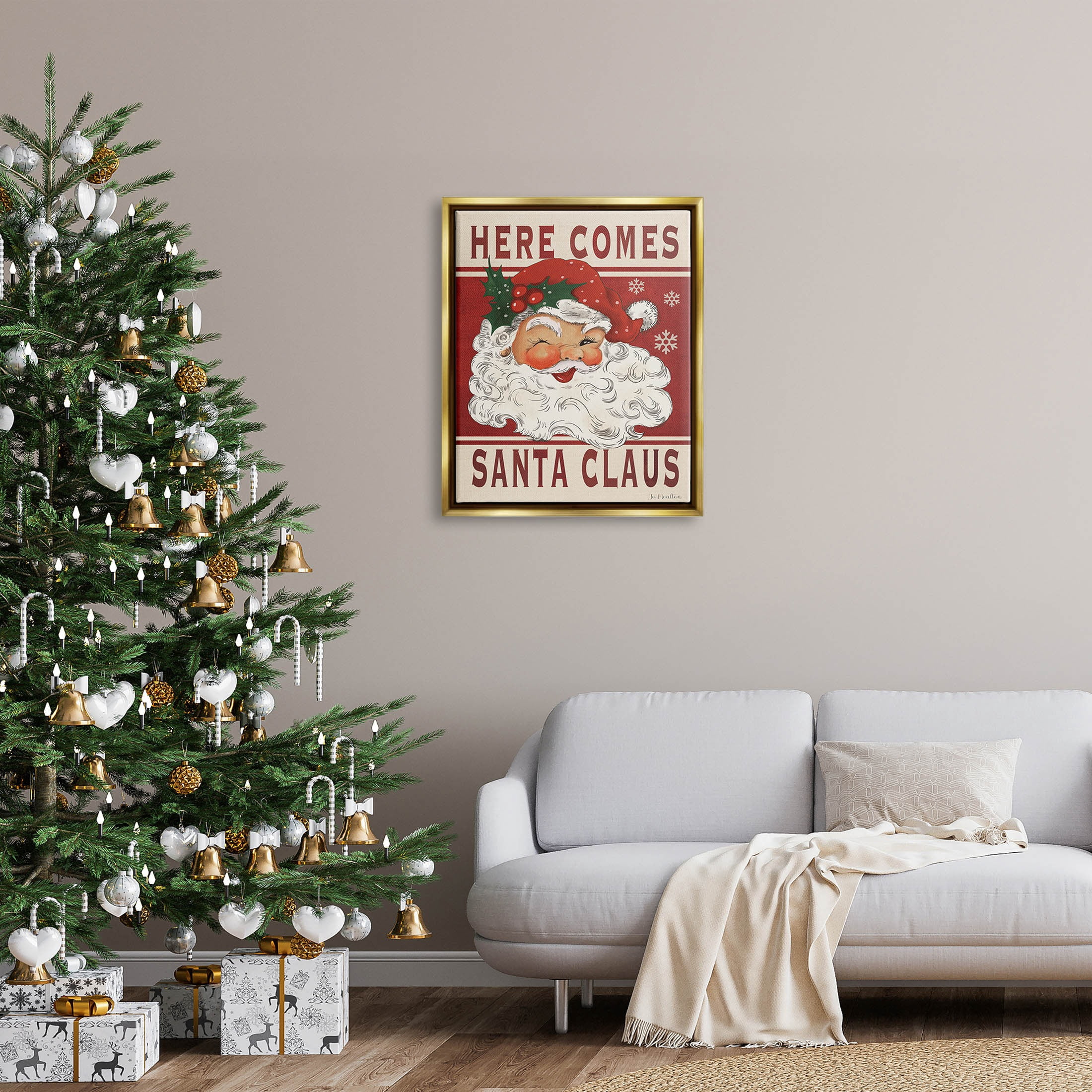 Here Comes Santa Claus Smiling Vintage Holiday Graphic Art Metallic Gold Framed Art Print Wall Art