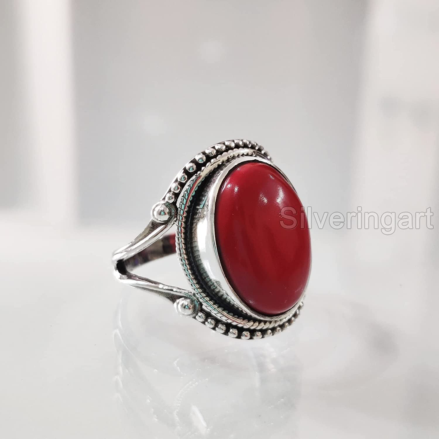 Natural Red Coral Ring, Woman's Coral Ring, Coral April Birthstone