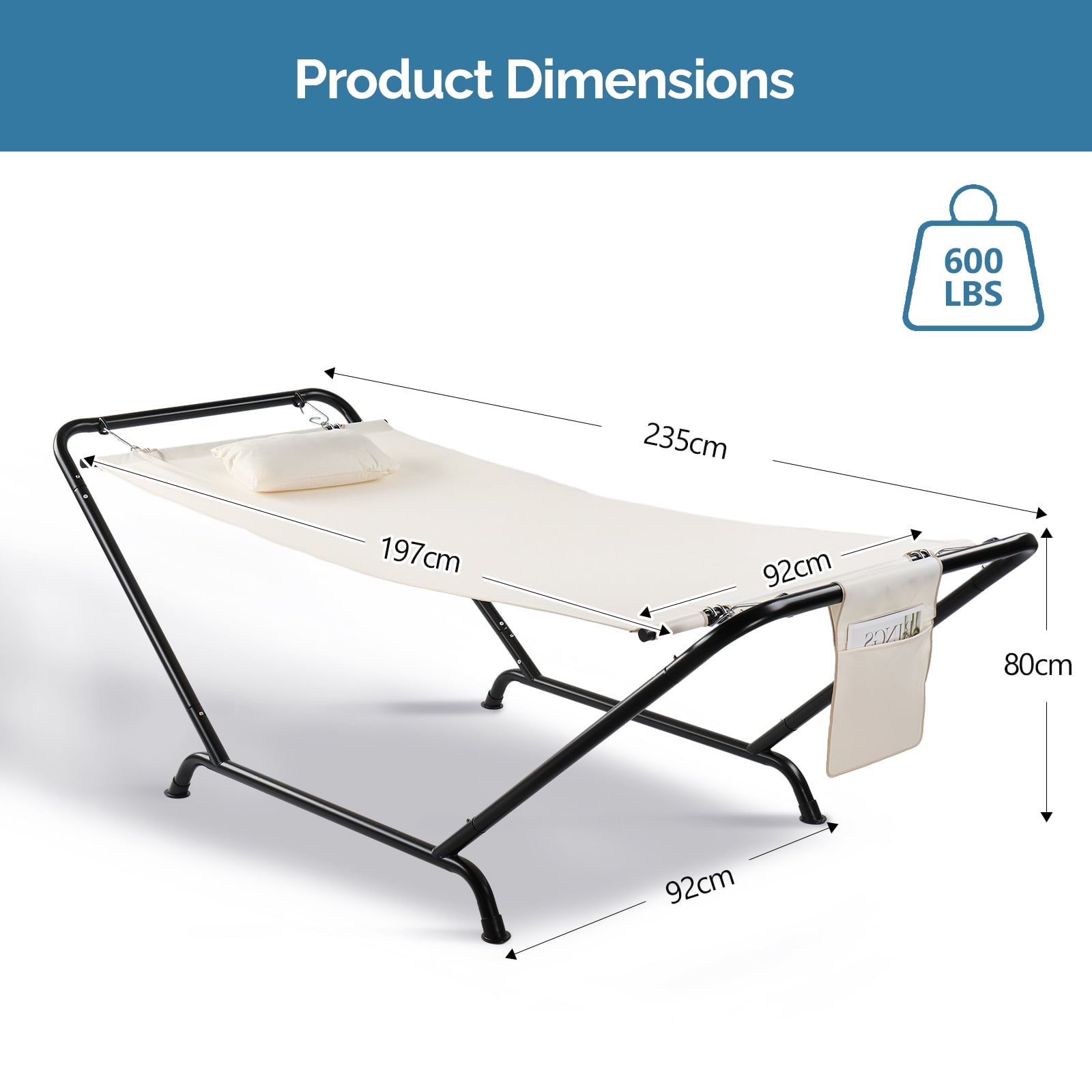 Freestanding Hammock with Stand, 600LBS Heavy Duty Outdoor Hammock Bed with Soft Pillow & Storage Bag, Beige