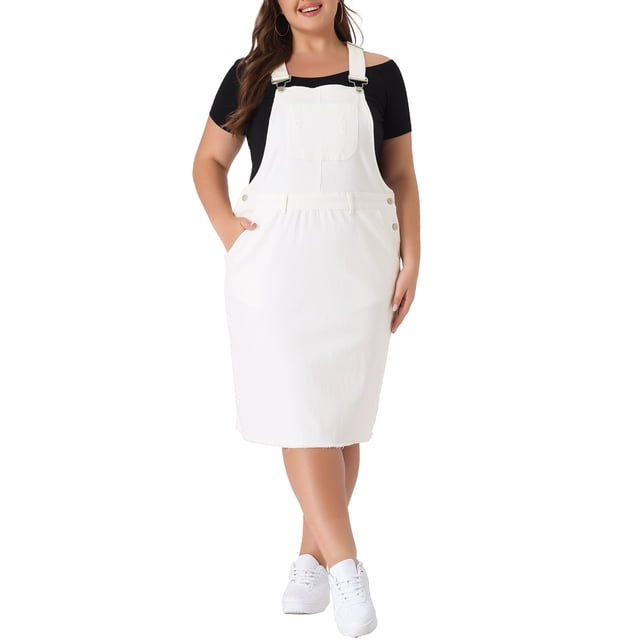Agnes Orinda Women's Plus Size Jean Skirt Distressed Racerback Suspender Denim Overall Dress 2X White