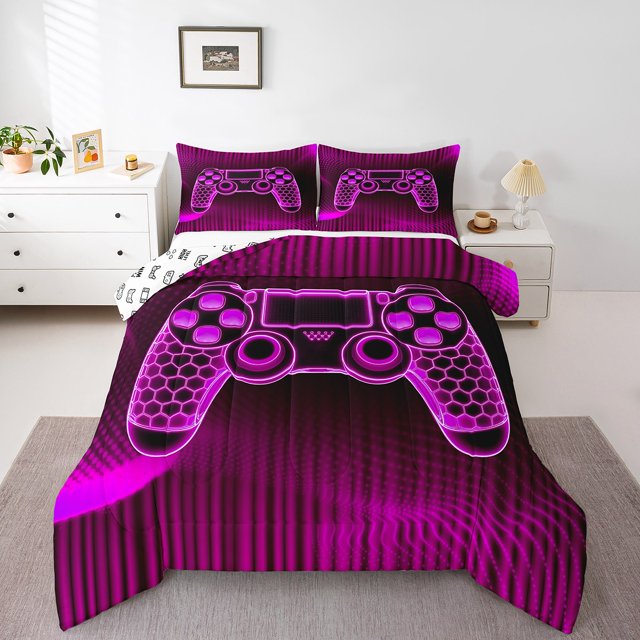 Erosebridal Gamer Bedding Toddler Comforter Set for Boys, Neon Gamepad Down Comforter, Abstract Theme Decor, Reversible 2pcs