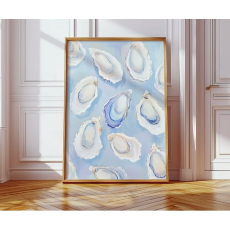 Pastel Blue Oyster Shell, Abstract Coastal Beach House Wall Art, Colorful Summer Kitchen And Dining Room Decor, F036, 24x36 UNFRAMED
