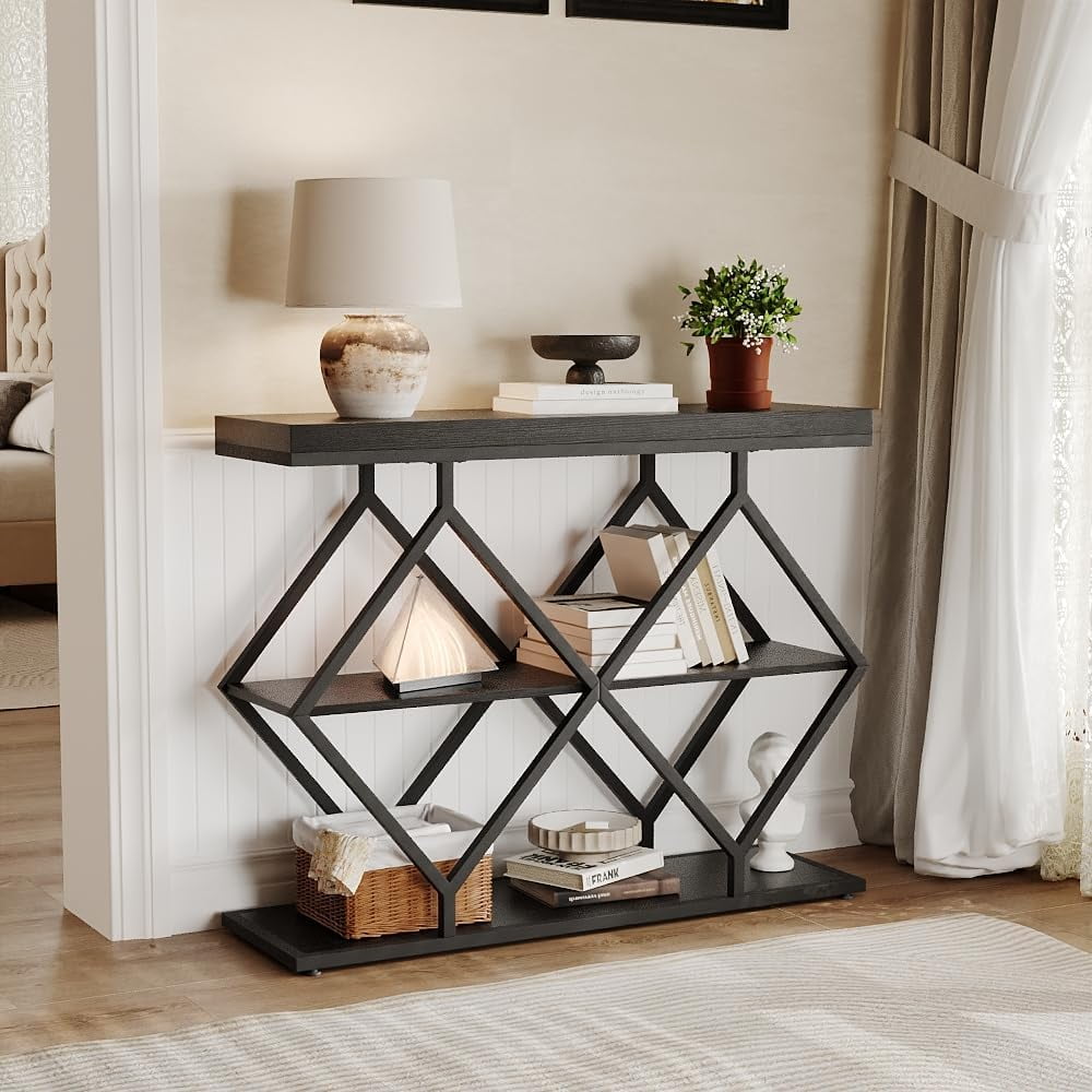 40in Entryway Console Table，3-Tier Industrial Console Table with Open Shelves，Sofa Table Behind The Couch for Hallway, Living Room, Foyer,Black