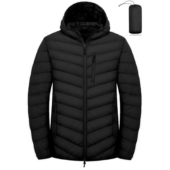 Men's Packable Hooded Puffer Jacket, Water Resistant Windproof with 5 Zip Pockets for Hiking Travel Black S