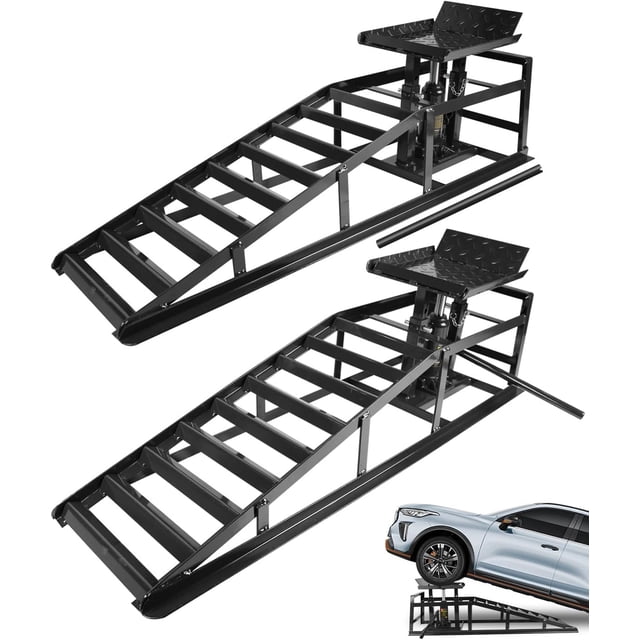 2 Pack 11000 Lbs Hydraulic Car Ramps Heavy Duty Steel Low Profile Service Lift Ramps with Adjustable Height 9.3 In -14 In Black