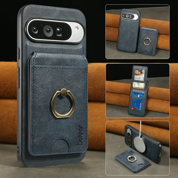 Removable Magnetic Phone Case for Google Pixel 10 Pro XL, with Card Slots Holder Ring Kickstand, Compatible with Magsafe 2 in 1 Case, Classic Drop Protective PU Leather Men Women - Blue