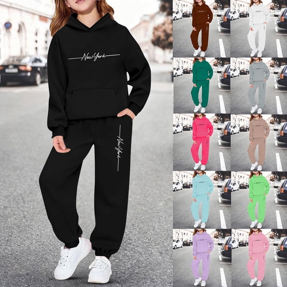 LRen Girls Outfits Size 6 Letter Print Crewneck Long Sleeve Active Hoodie Pullover Sweatshirt Tracksuit Jogger Sweatpants Comfortable Kids Fall Outfits Sweat Suit,Green,10-11 Years