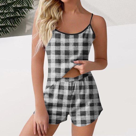 Women s Pajama Sets Spaghetti Strap Sleeveless Crew-Neck Tank Top Elastic Waist Soft Cute Shorts Summer Printed Lounge Sets Black S-2XL