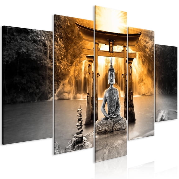 Tiptophomedecor Stretched Canvas Zen Art - Buddha Smile Orange 5 Piece - Stretched & Framed Ready To Hang Art