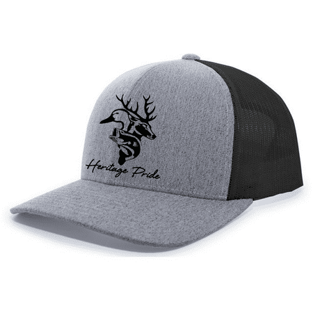Heritage Pride Mens Buck Bass Mallard Hunting Embroidered Mesh Back Trucker Hat-Heather Grey/Black