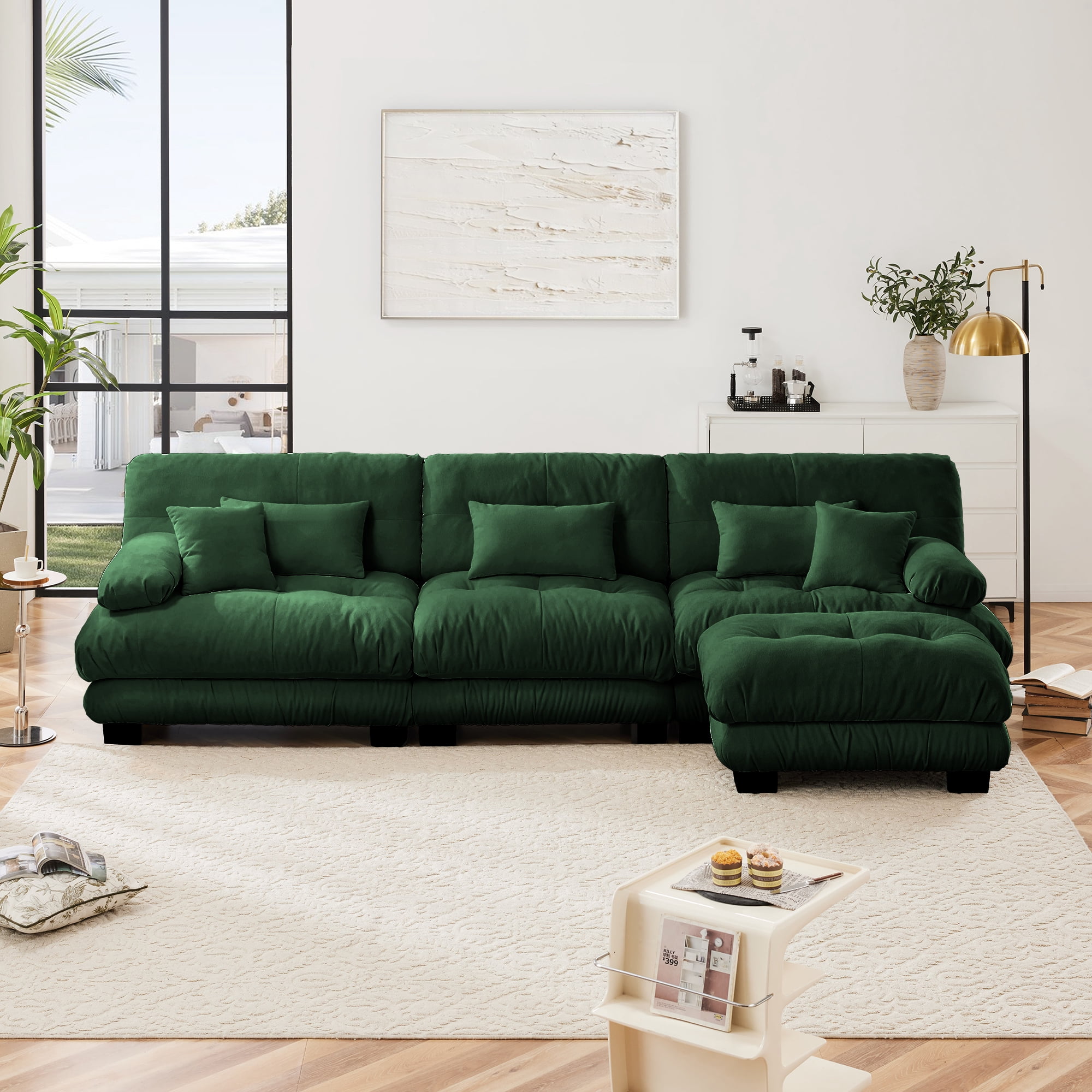 Alvantor 134" Modular Sectional Sofa with Convertible Ottomans, Chenille L-Shaped Cloud Sofa 3 Seat Oversized Couch for Living Room Green