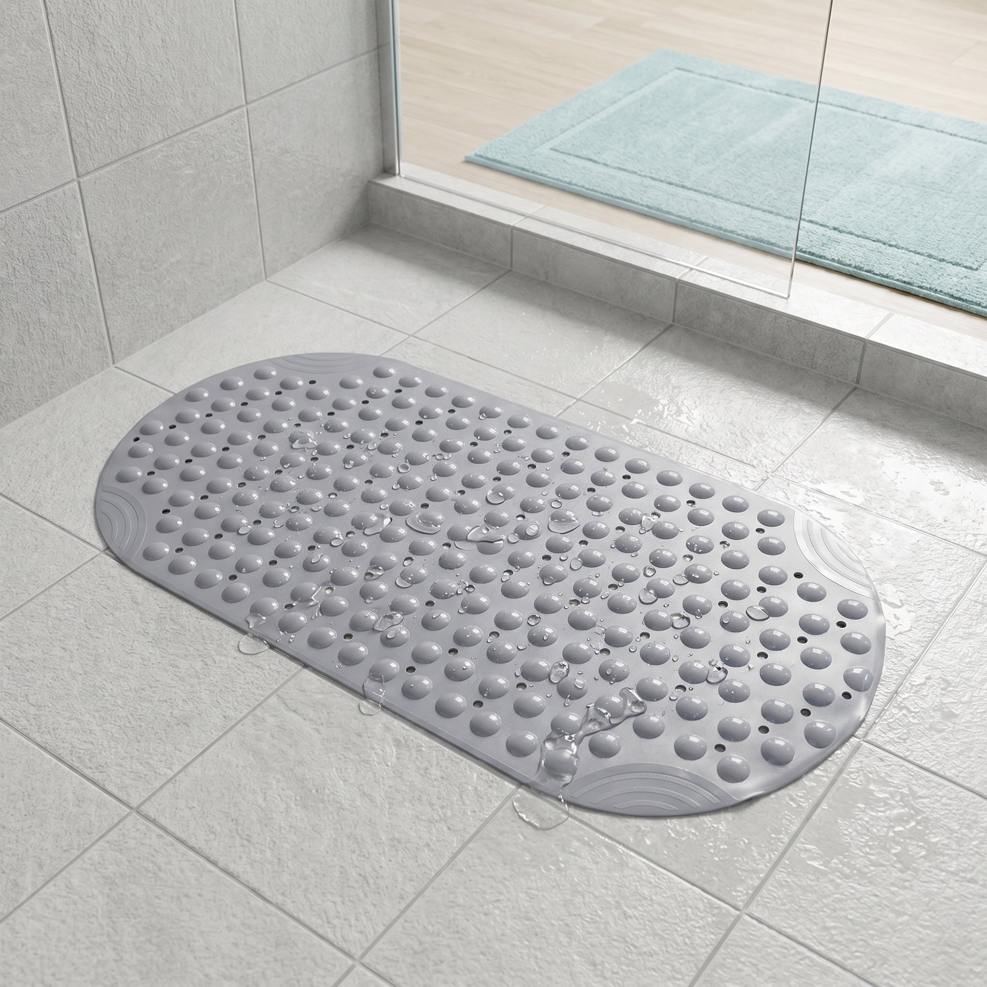 Unique Bargains Bathtub Mat Non-Slip Strong Suction Cups with Drain Holes Gray 35" x 16"