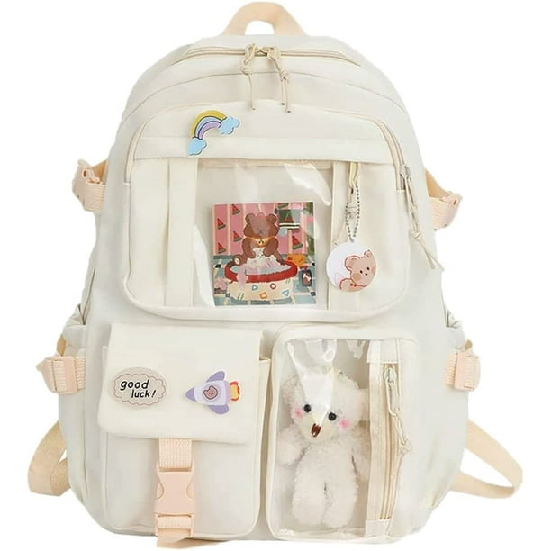 Aesthetic School Bags with Kawaii Pin and Cute Accessories Kawaii Backpack  for Teen Girls (White) 