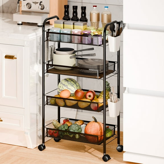 Thehsnt 5-Tier Rolling Storage Cart - 360° Spin Metal Wire Shelves with Locking Wheels, Space-Saving Organizer for Kitchen/Pantry/Bathroom, Rust-Resistant Black Shelving Unit
