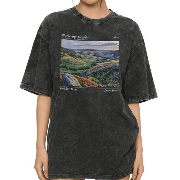 Women's Vintage "Wuthering Heights" Yorkshire Moors Landscape Graphic Casual Washed T Shirt Black S-2XL Plus Size
