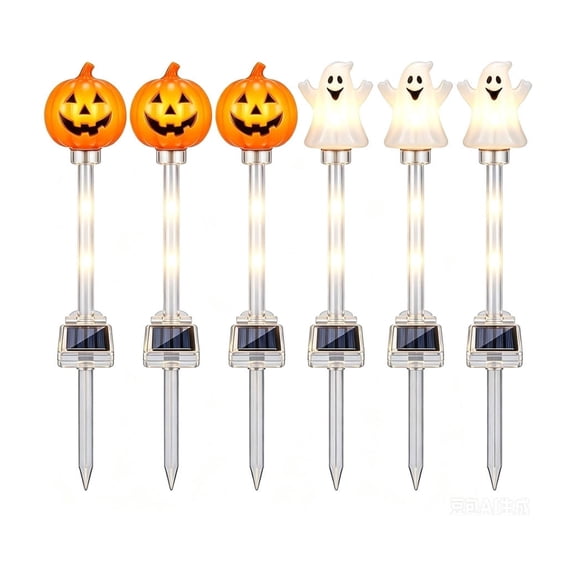 Homellea Solar Halloween Pumpkin and Ghost Pathway Lights, 6 Pack 16.93 Inch LED Garden Stake Markers with 3 Pumpkin and 3 Ghost Designs for Yard, Lawn, Walkway, Patio and Party Decor