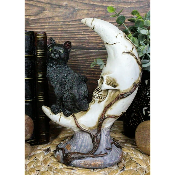 Witching Hour Halloween Black Cat Sitting On Crescent Moon Skull Figurine