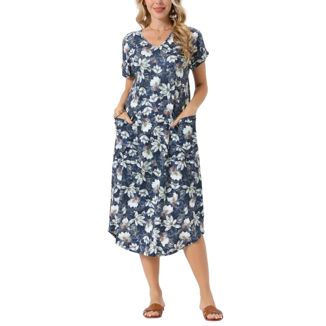 Vestido midi floral casual de verano con cuello en V y mangas cortas INSPIRE CHIC para mujer, suelto, con bolsillos, tamaño S, azul oscuro