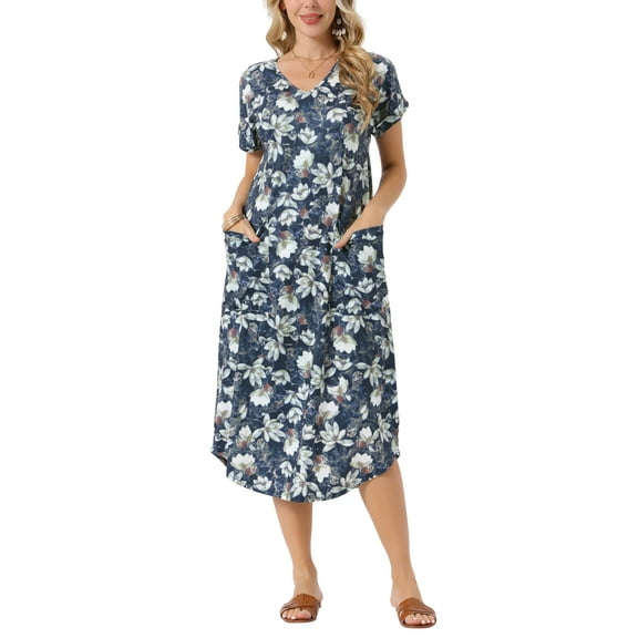 INSPIRE CHIC Women's V Neck Short Sleeve Summer Casual Loose with Pockets Floral Midi Dress S Dark Blue
