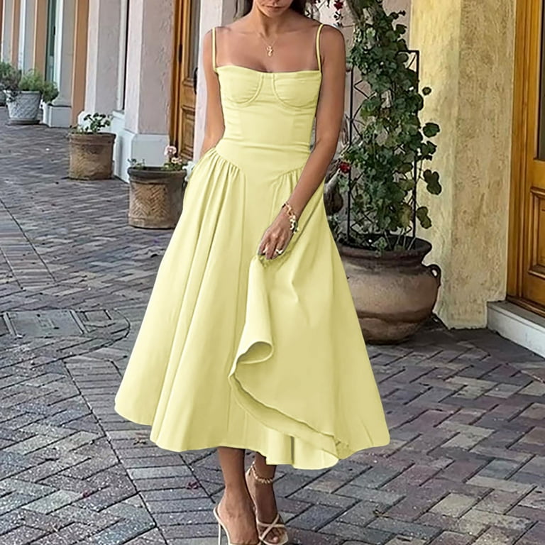 Elegant Dresses For Women Formal Women Sleeveless Sling Long Dress Summer Solid Color Backless A Line Bandage Dress Cute Dresses Color Yellow Size M