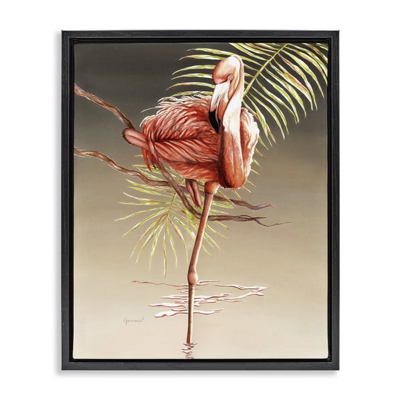 Stupell Industries Traditional Flamingo Balancing with Leaf Black Floating Frame Canvas Art, 17 x 21, by Christine Reichow