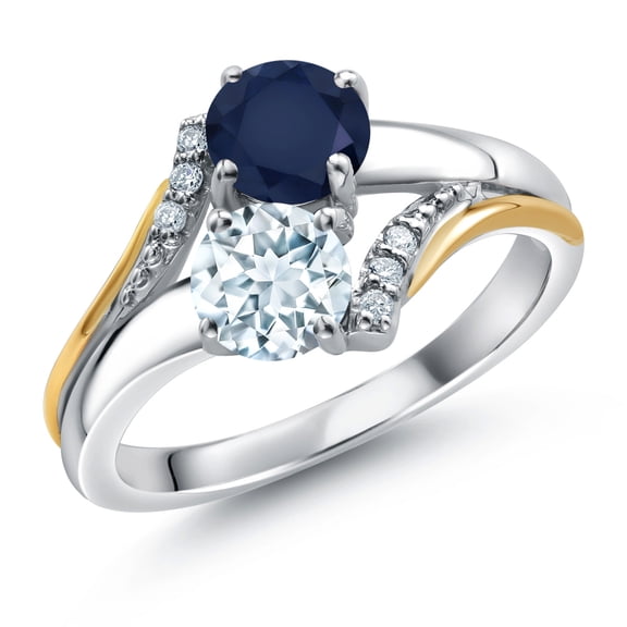 10K Yellow Gold and 925 Silver Sky Blue Aquamarine and Blue Sapphire and White Lab Grown Diamond Accent Engagement Ring for Women (1.13 Cttw, Gemstone March Birthstone, Round 5MM, Size 8)