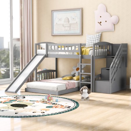 Twin-Over-Twin Low Bunk Bed with Convertible Stairway  Two Storage Drawers and Slide  Wooden Bedframe w/ Ladder  No Box Spring Needed  Gray