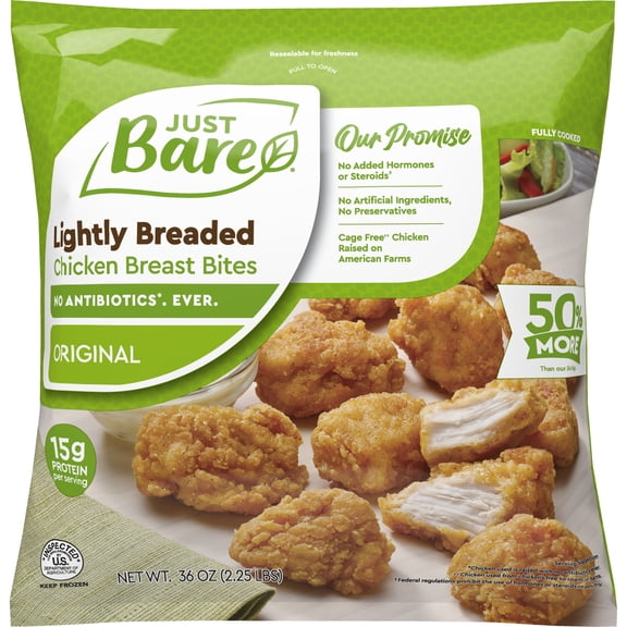 Just Bare Just Bare Fully Cooked Lightly Breaded Chicken Breast Bites Family Pack 2.25 lb, 15g of Protein, Serving Size 3 Ounces